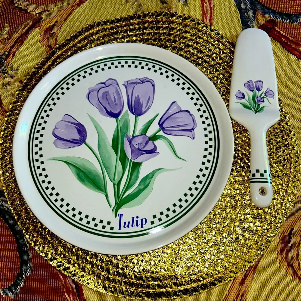 Vintage Garden Classics Purple Floral Tulips Stoneware Cake Plate Server Box SET